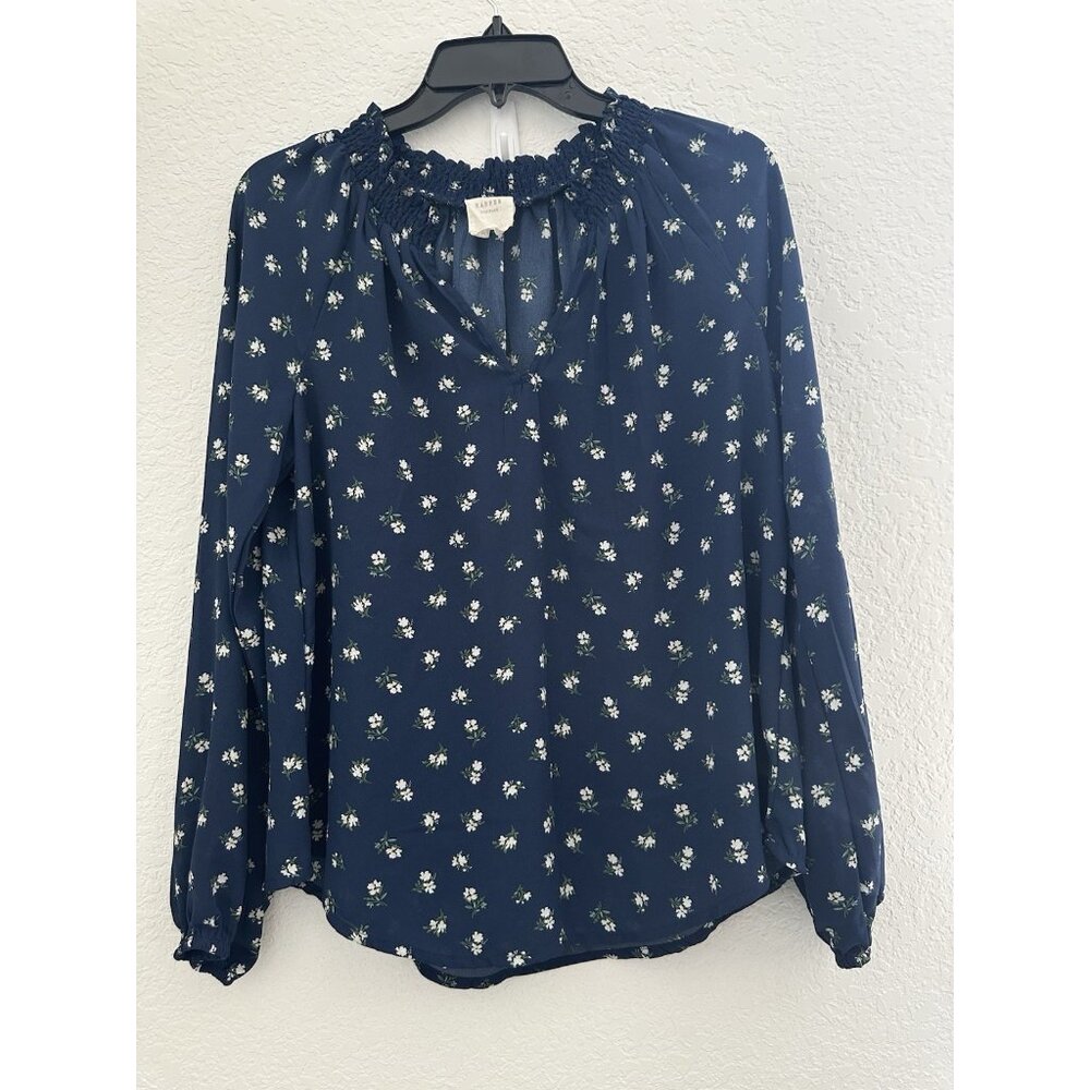 Francesca's Harper‎ Heritage Blouse S Navy Blue Floral Smocked Split Neck Office